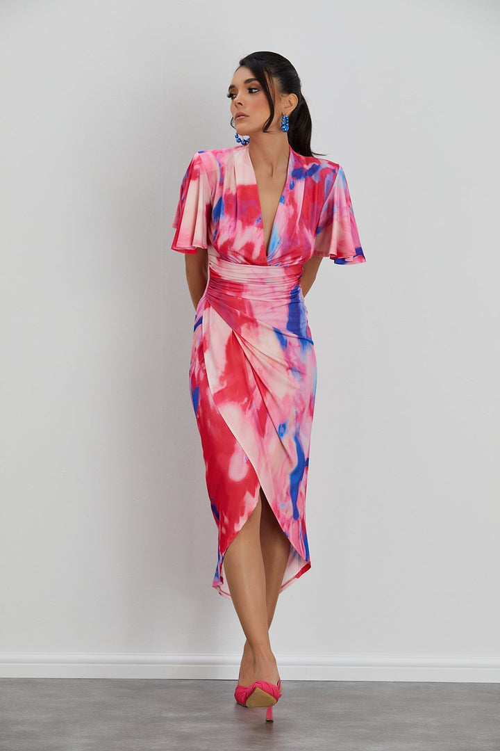 Forever Angel Sleeve Dress in Pink Abstract print - jqwholesale.com