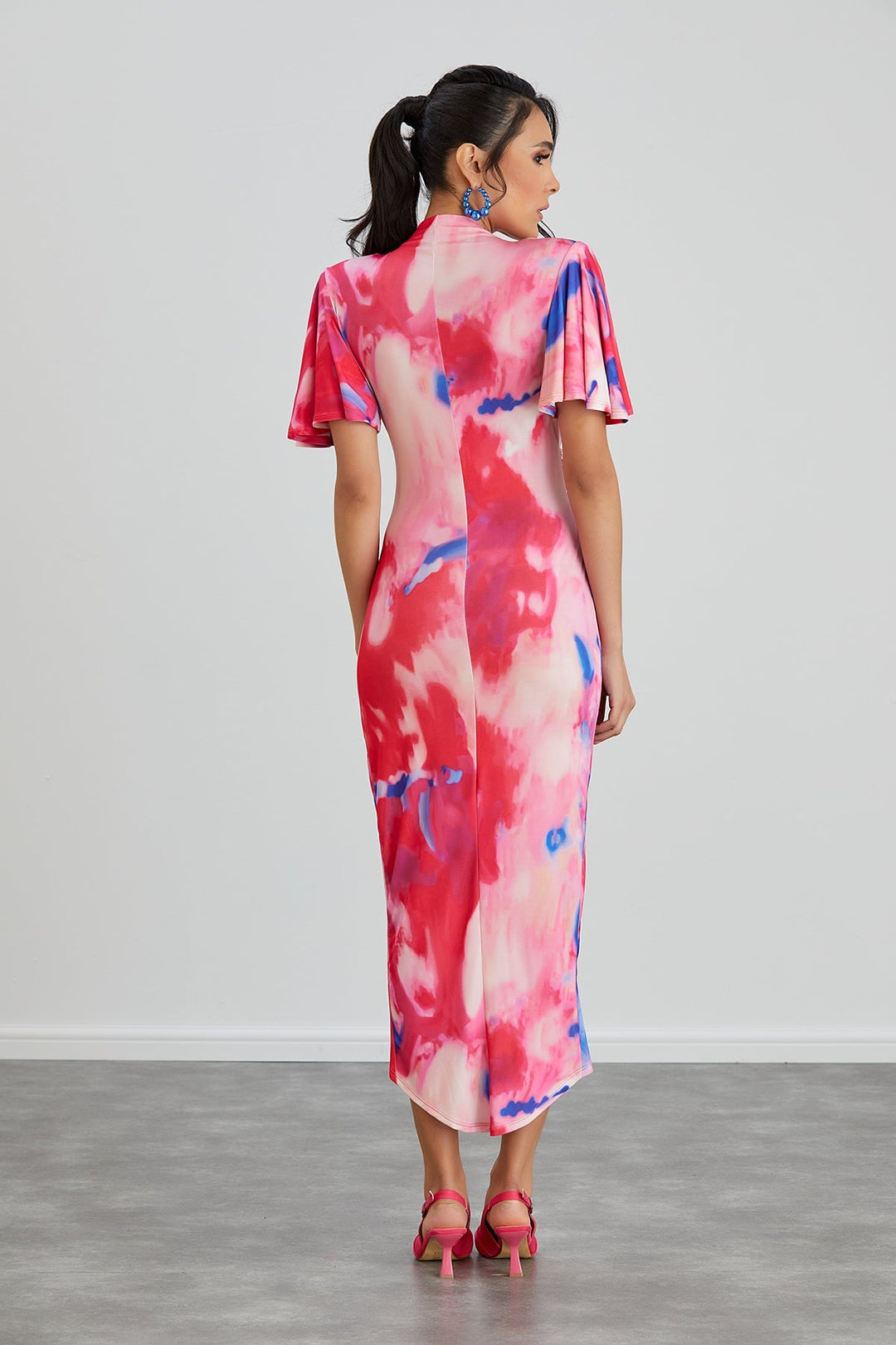 Forever Angel Sleeve Dress in Pink Abstract print - jqwholesale.com