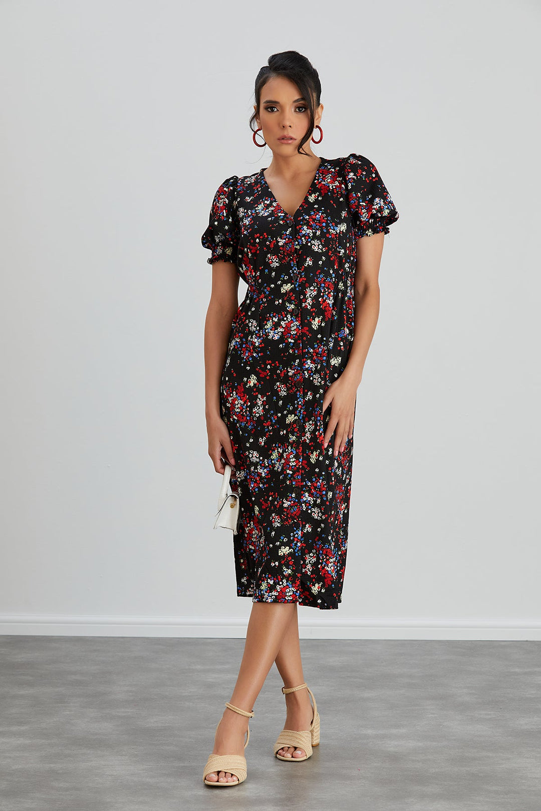 Shirt Midi Dress in Black Floral print - jqwholesale.com