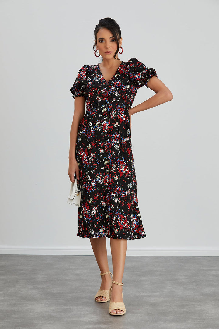 Shirt Midi Dress in Black Floral print - jqwholesale.com