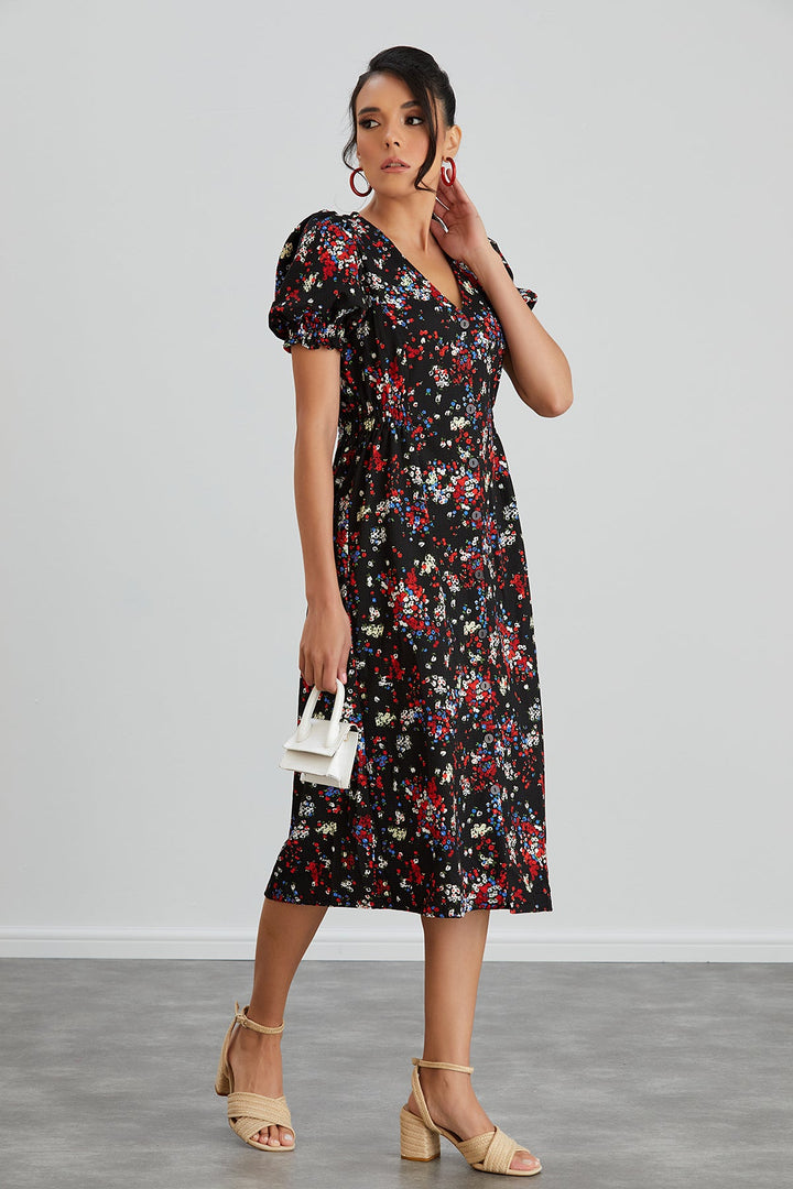 Shirt Midi Dress in Black Floral print - jqwholesale.com