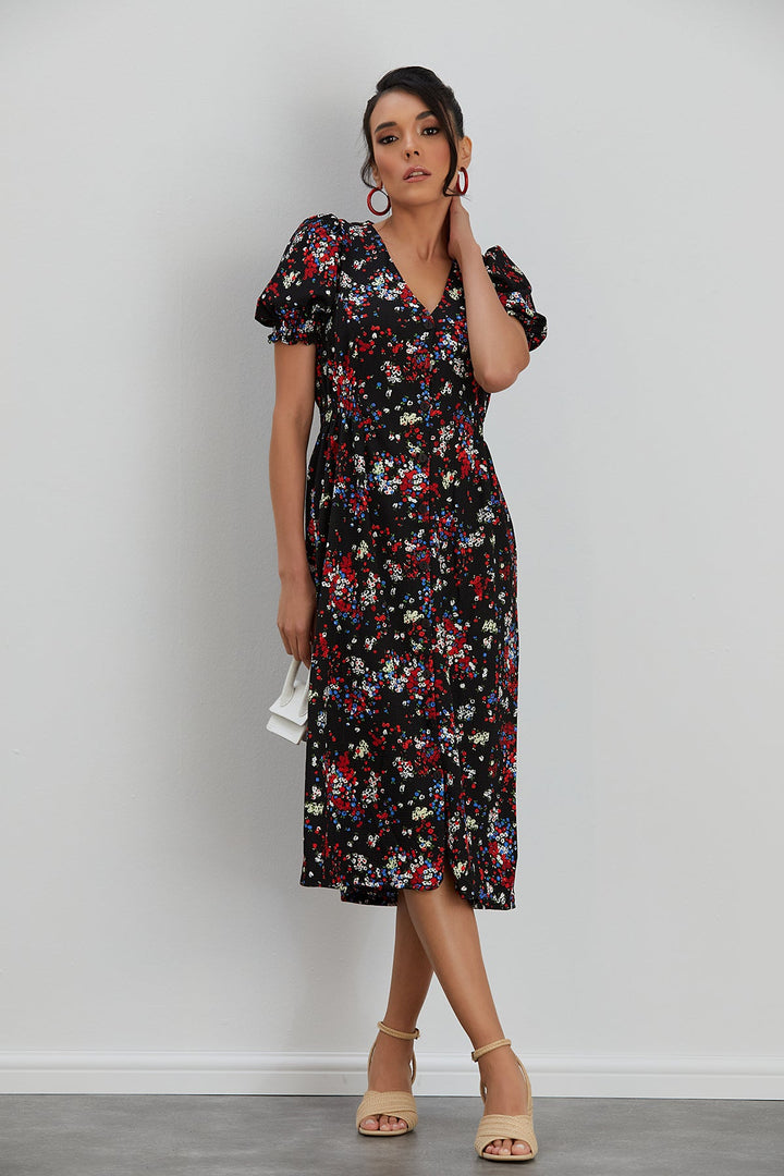 Shirt Midi Dress in Black Floral print - jqwholesale.com