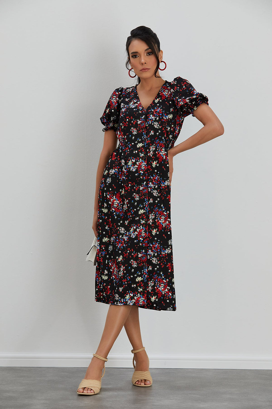 Shirt Midi Dress in Black Floral print - jqwholesale.com