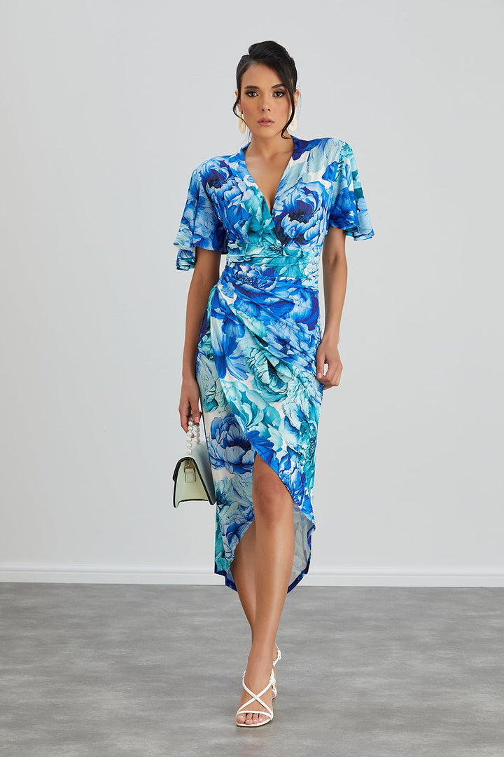 Forever Angel Sleeve Dress in Blue Floral print - jqwholesale.com