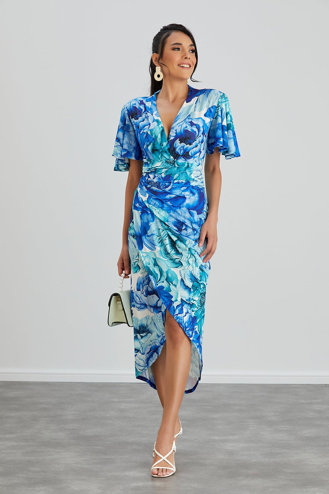 Forever Angel Sleeve Dress in Blue Floral print - jqwholesale.com