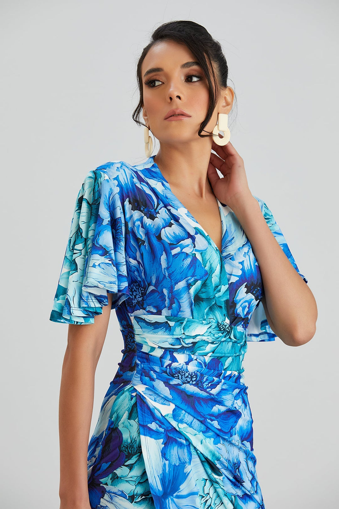 Forever Angel Sleeve Dress in Blue Floral print - jqwholesale.com