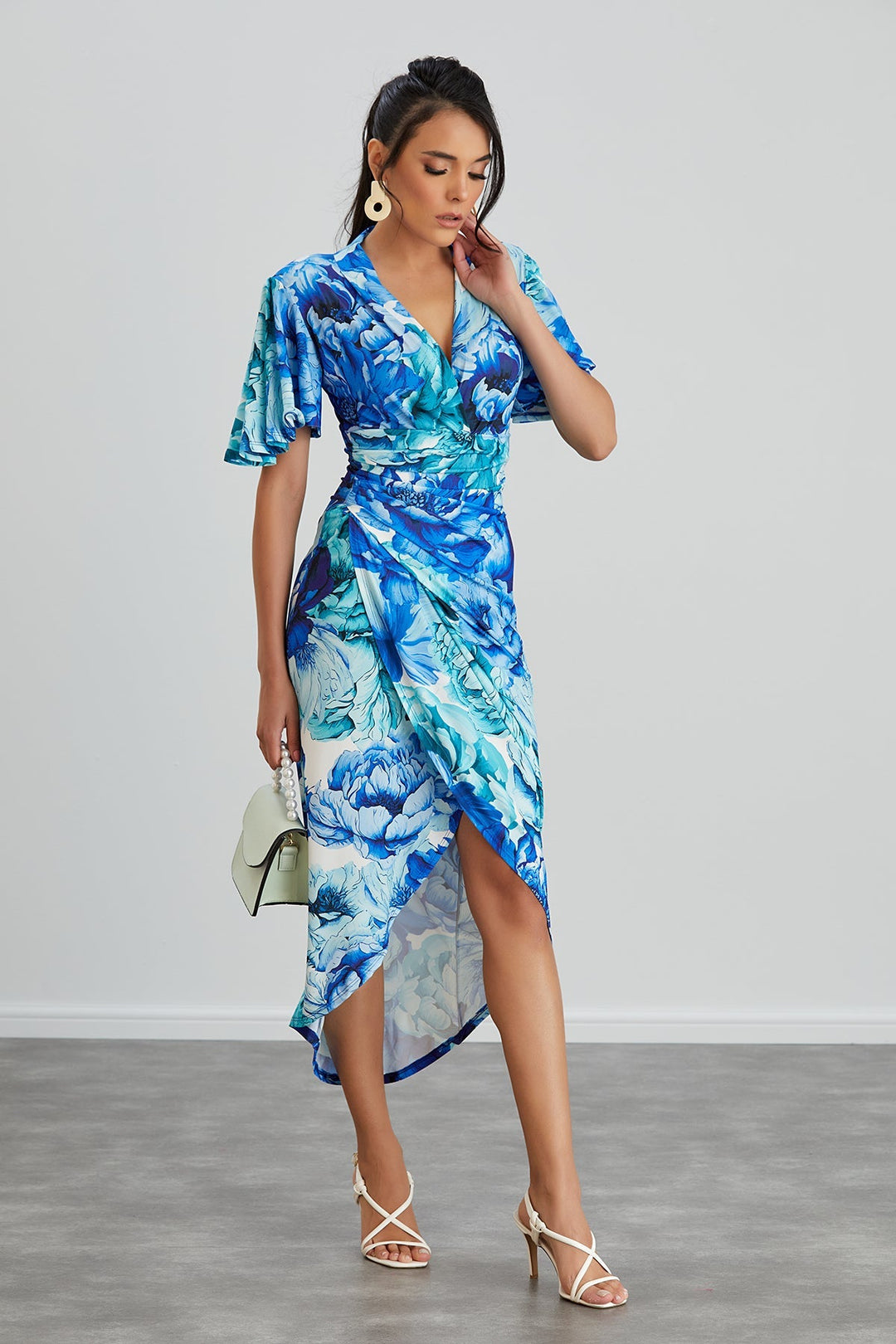 Forever Angel Sleeve Dress in Blue Floral print - jqwholesale.com