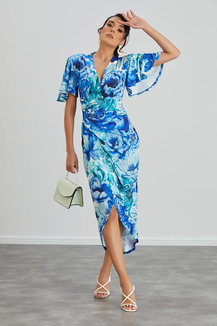 Forever Angel Sleeve Dress in Blue Floral print - jqwholesale.com