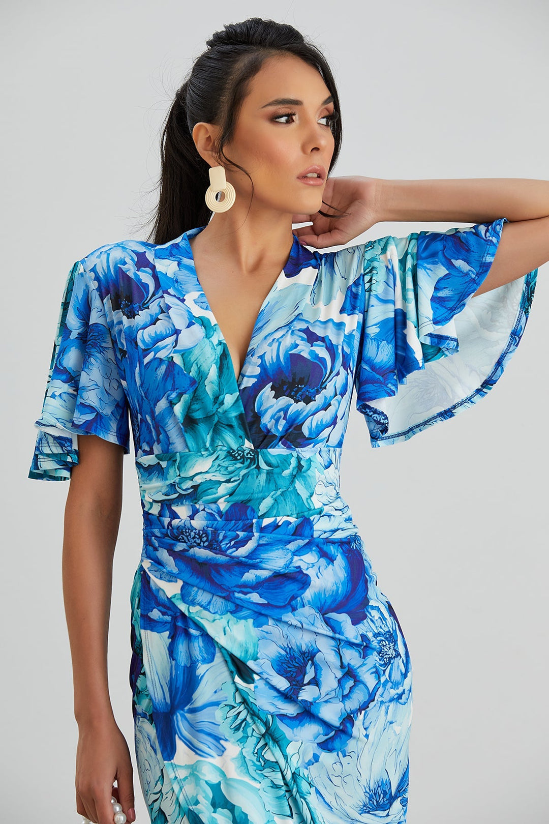 Forever Angel Sleeve Dress in Blue Floral print - jqwholesale.com