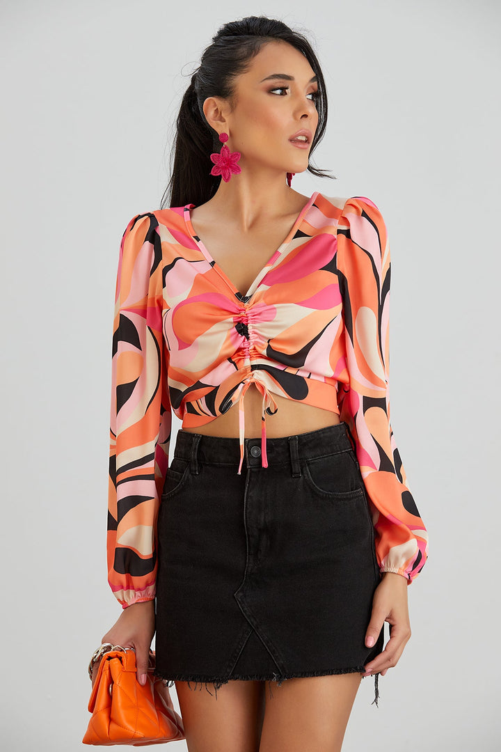 Long Sleeve Crop Top in Coral Abstract print - jqwholesale.com