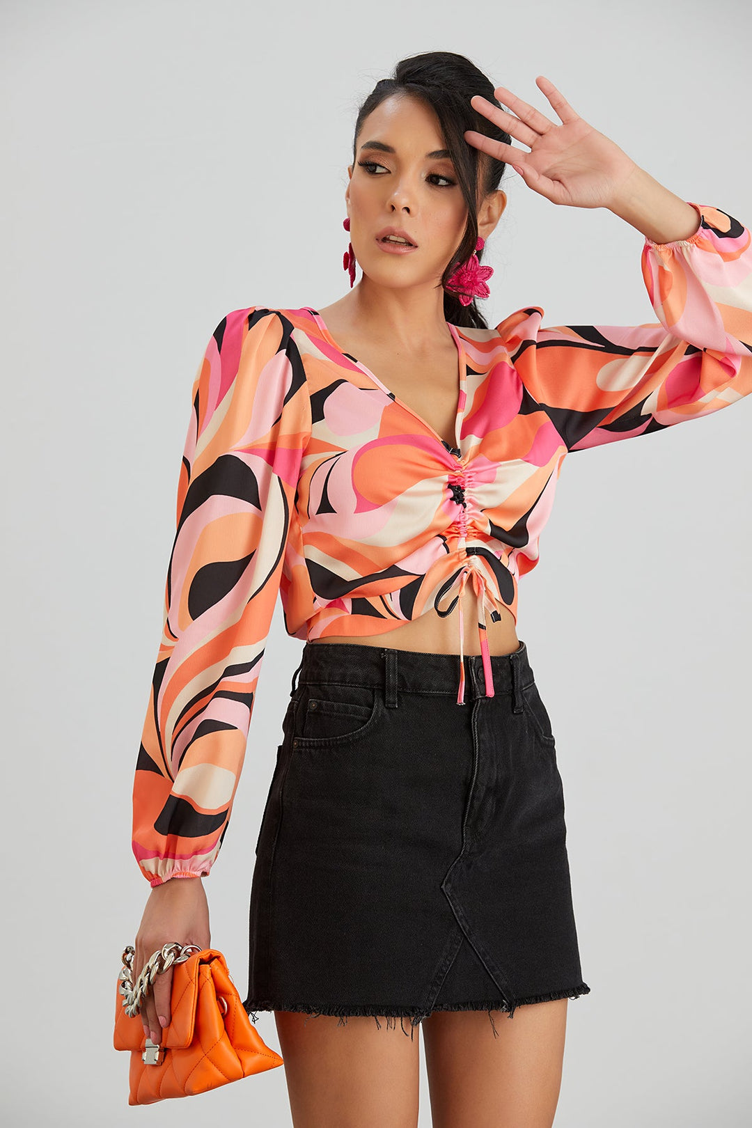 Long Sleeve Crop Top in Coral Abstract print - jqwholesale.com