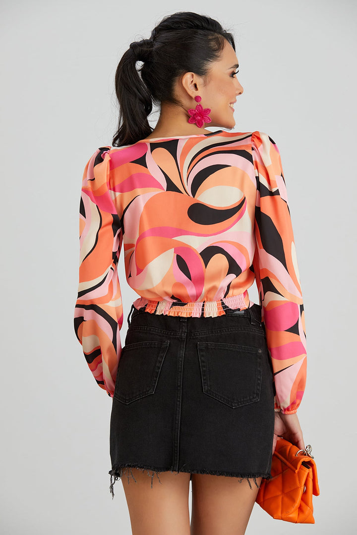 Long Sleeve Crop Top in Coral Abstract print - jqwholesale.com