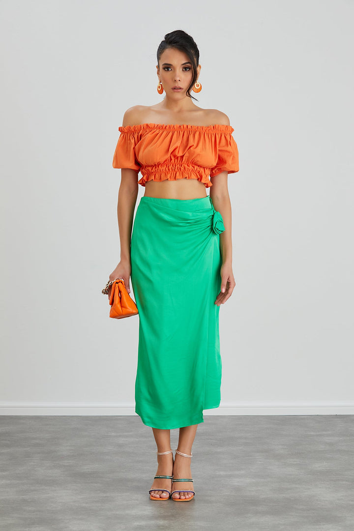 Satin Midi Skirt with Rose detail in Green - jqwholesale.com