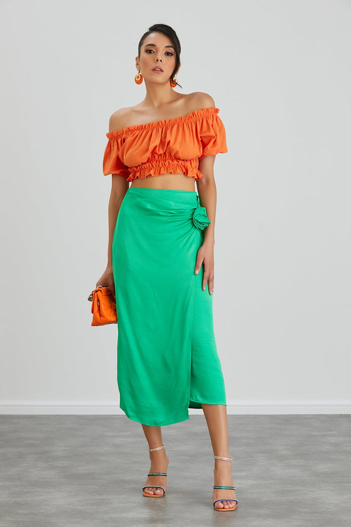 Satin Midi Skirt with Rose detail in Green - jqwholesale.com