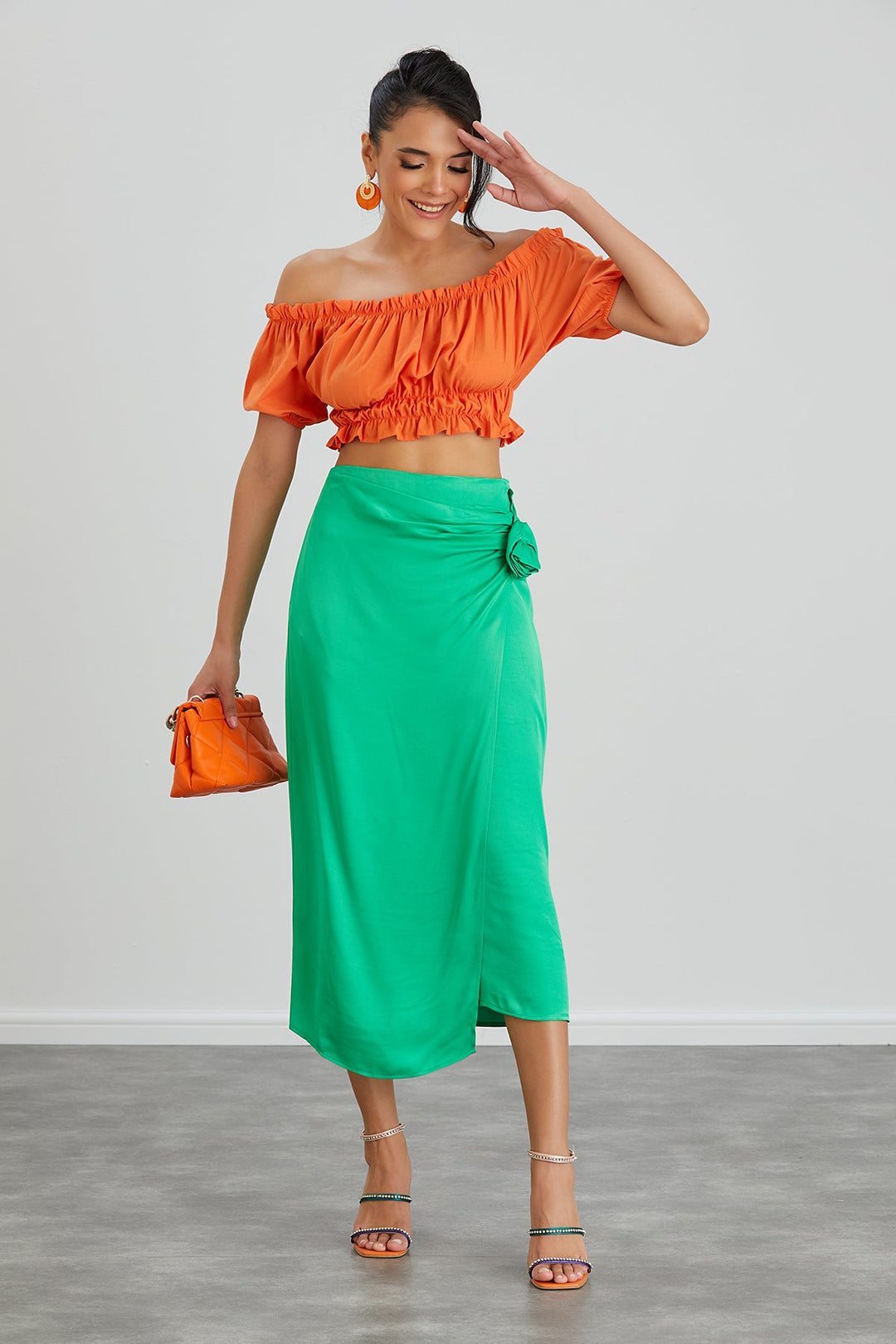 Satin Midi Skirt with Rose detail in Green - jqwholesale.com