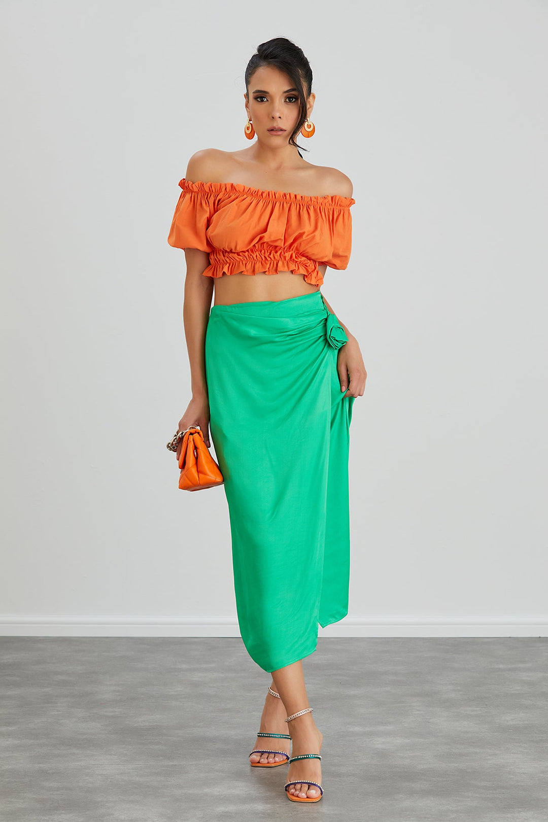 Satin Midi Skirt with Rose detail in Green - jqwholesale.com