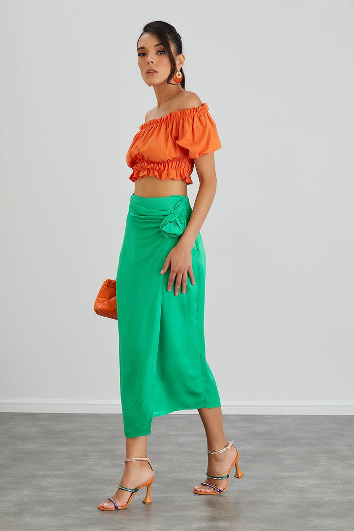 Satin Midi Skirt with Rose detail in Green - jqwholesale.com