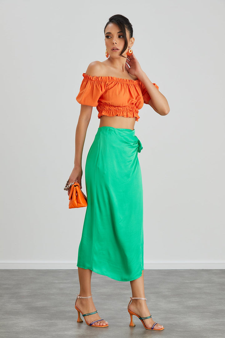 Satin Midi Skirt with Rose detail in Green - jqwholesale.com