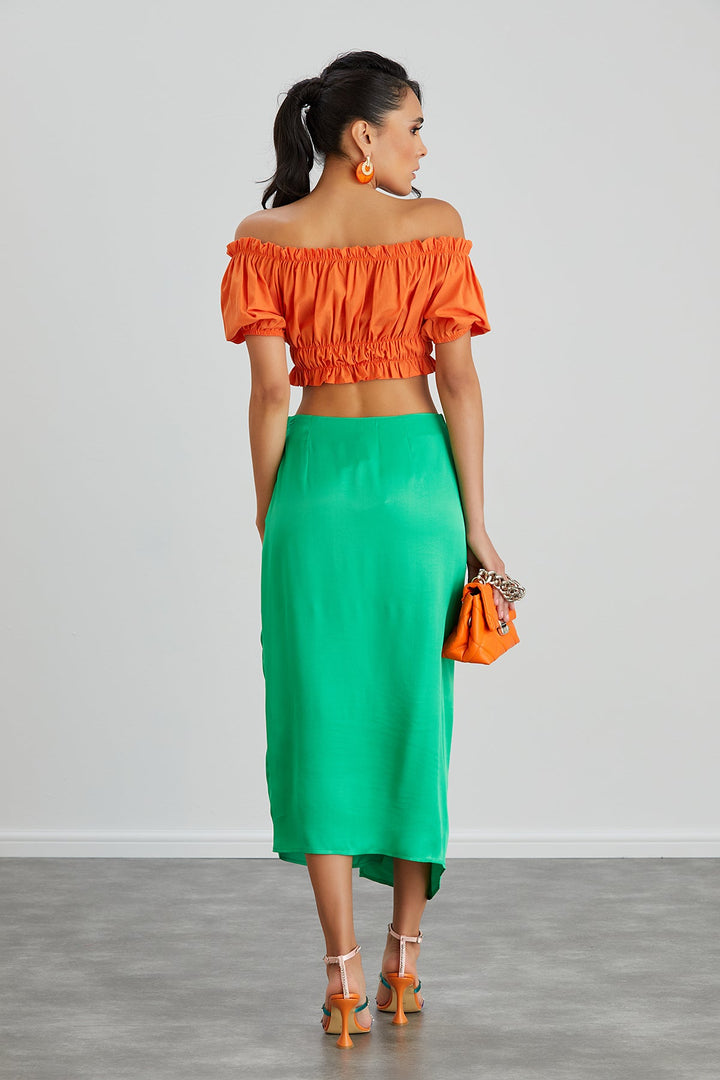 Satin Midi Skirt with Rose detail in Green - jqwholesale.com