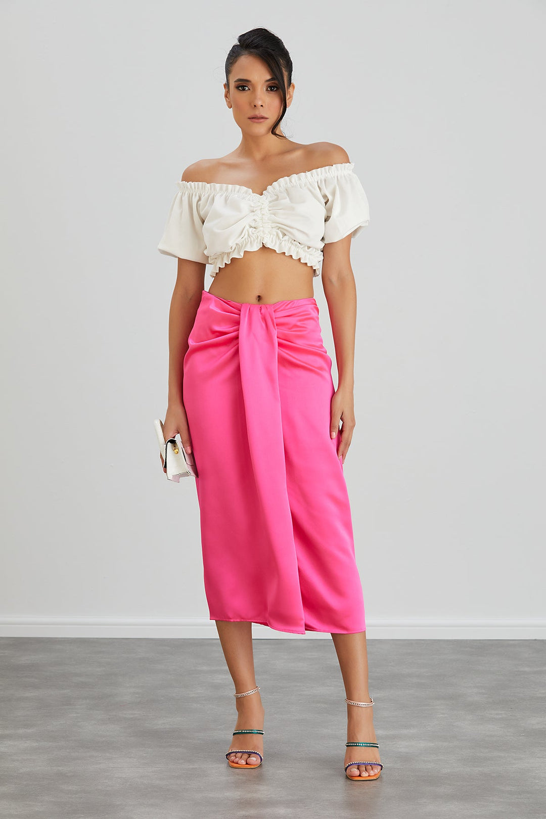 Satin Midi Skirt with Slit in Hot Pink - jqwholesale.com