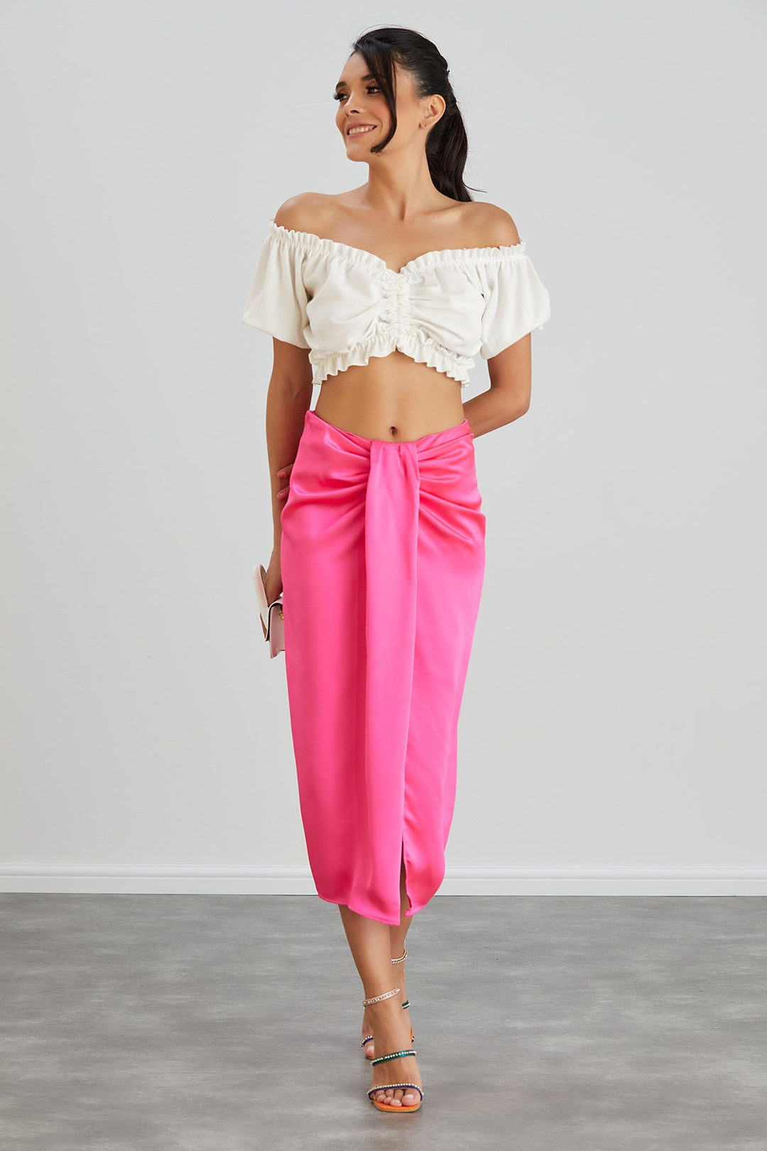 Satin Midi Skirt with Slit in Hot Pink - jqwholesale.com