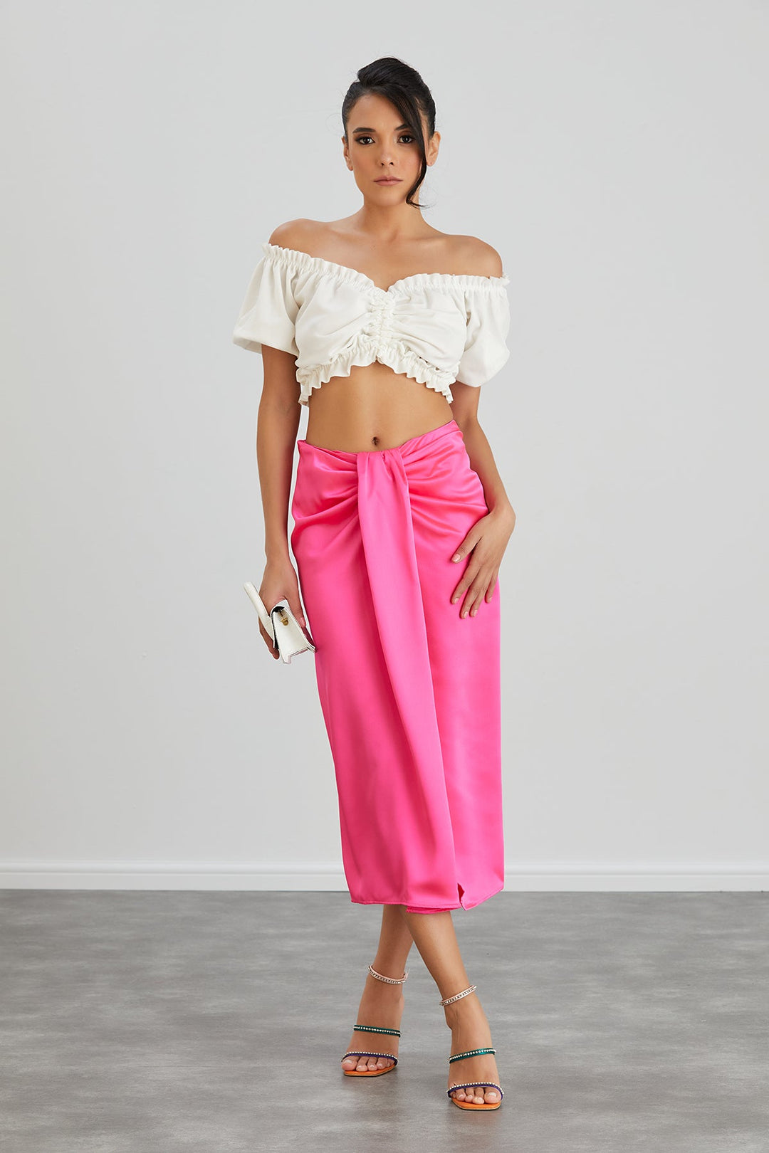 Satin Midi Skirt with Slit in Hot Pink - jqwholesale.com