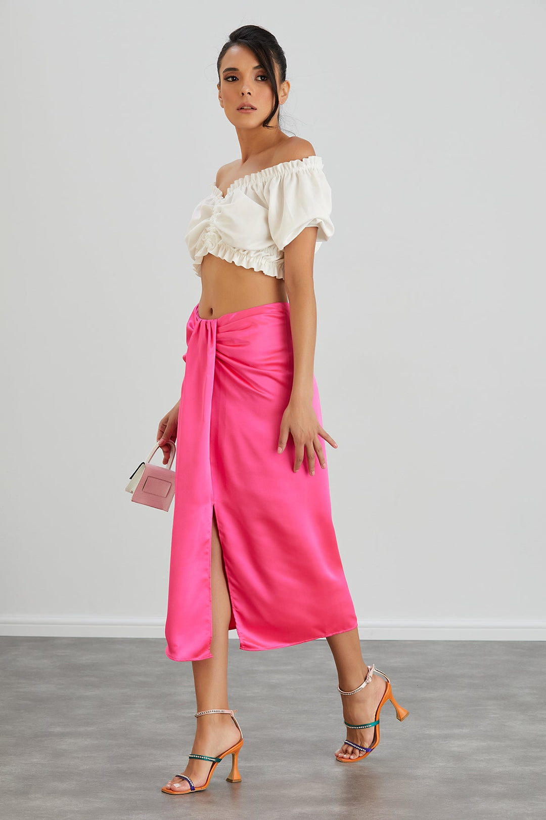 Satin Midi Skirt with Slit in Hot Pink - jqwholesale.com