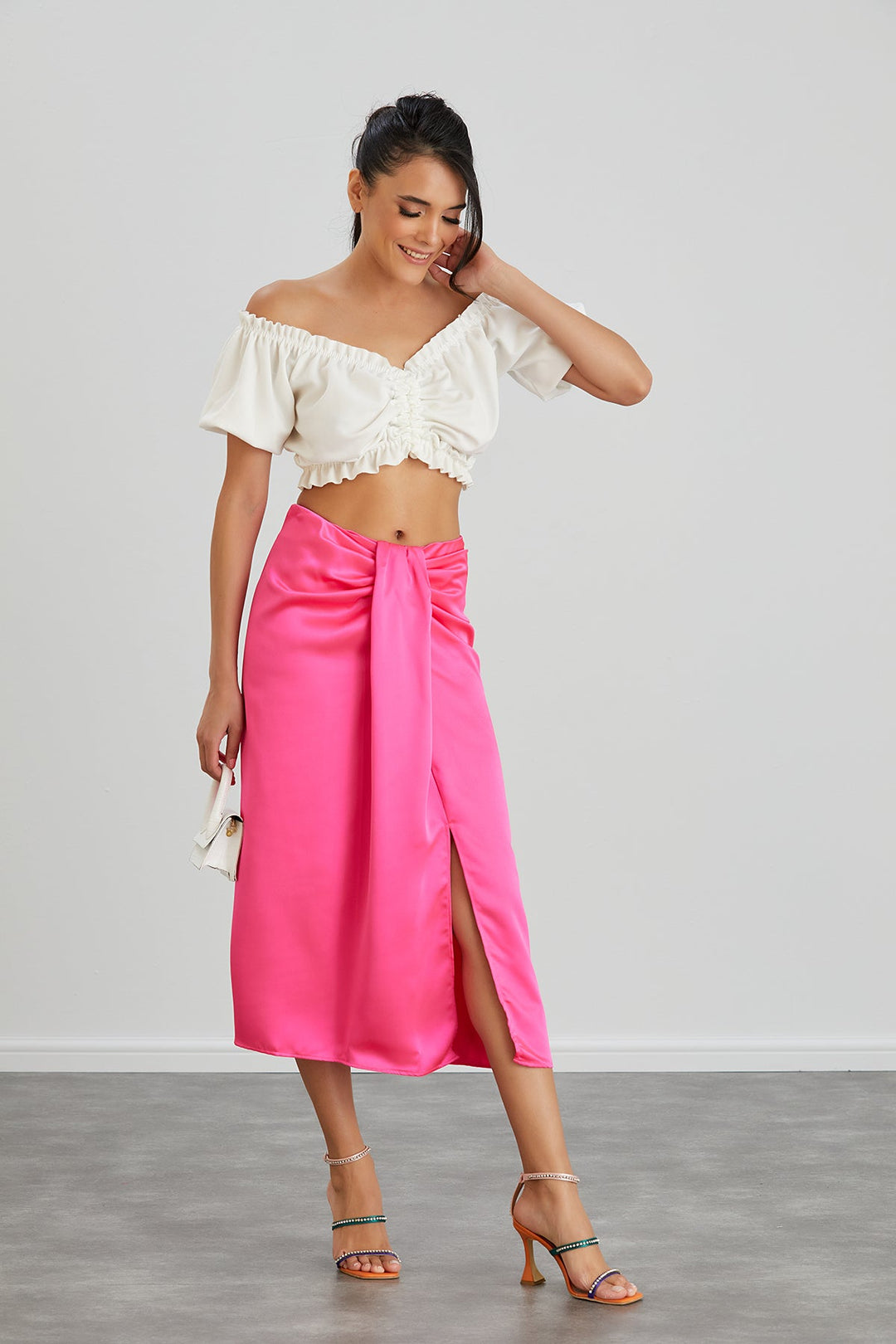 Satin Midi Skirt with Slit in Hot Pink - jqwholesale.com