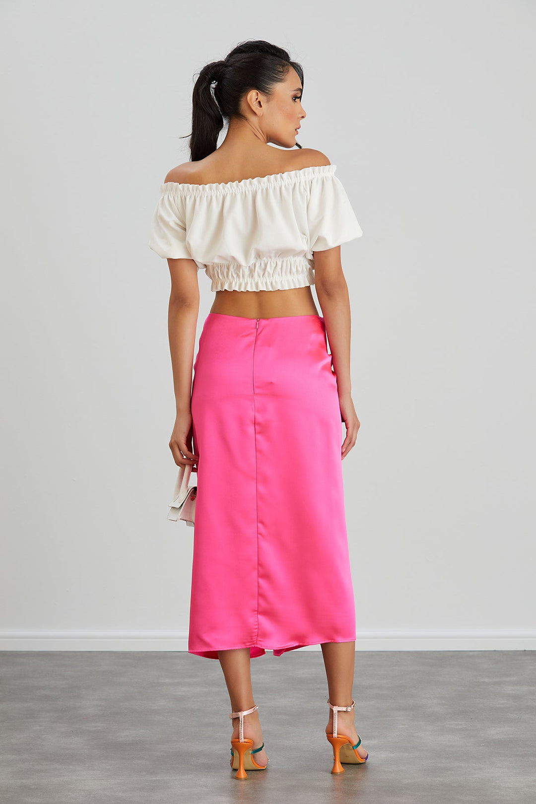 Satin Midi Skirt with Slit in Hot Pink - jqwholesale.com