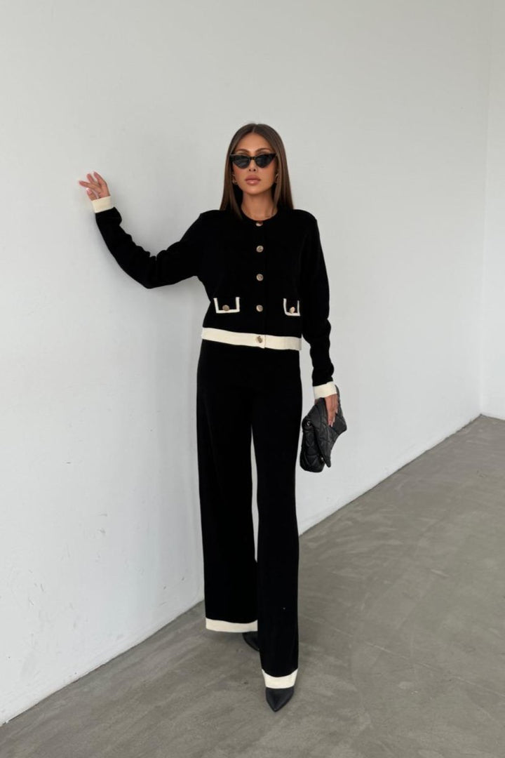 Elegant Knitted Co Ord set with Jacket and wide leg trousers in Black