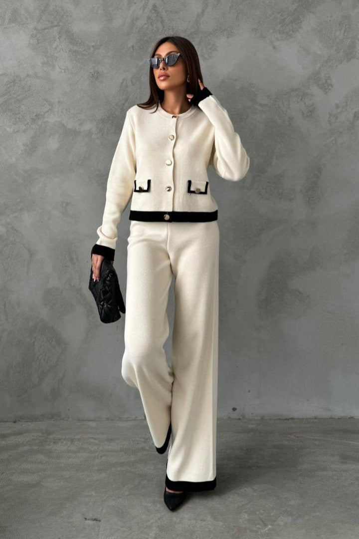 Elegant Knitted Co Ord set with Jacket and wide leg trousers in Ecru