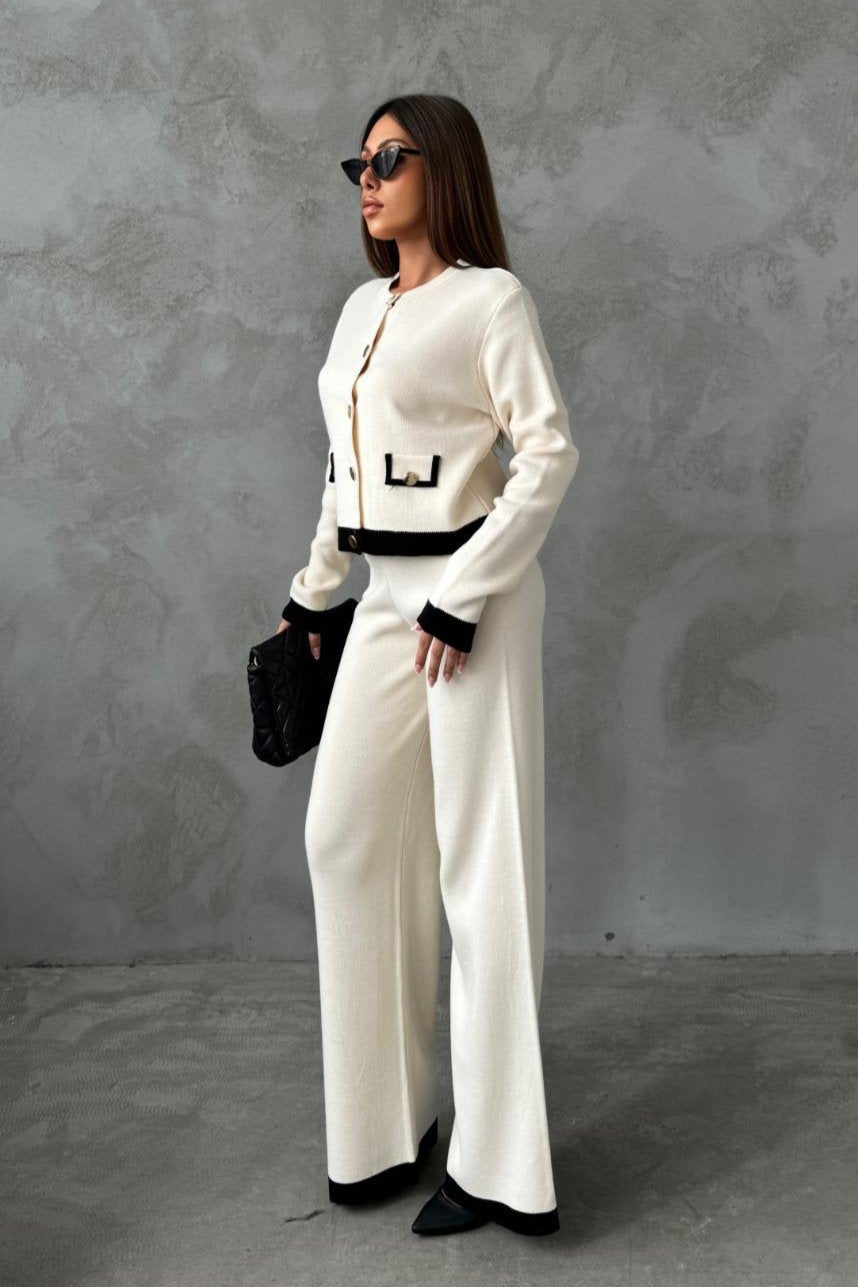 Elegant Knitted Co Ord set with Jacket and wide leg trousers in Ecru