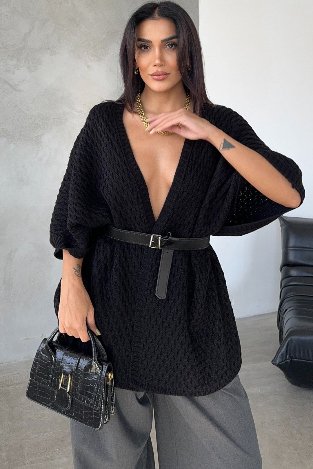 Short Sleeve Wrap Cardigan in Classic Black