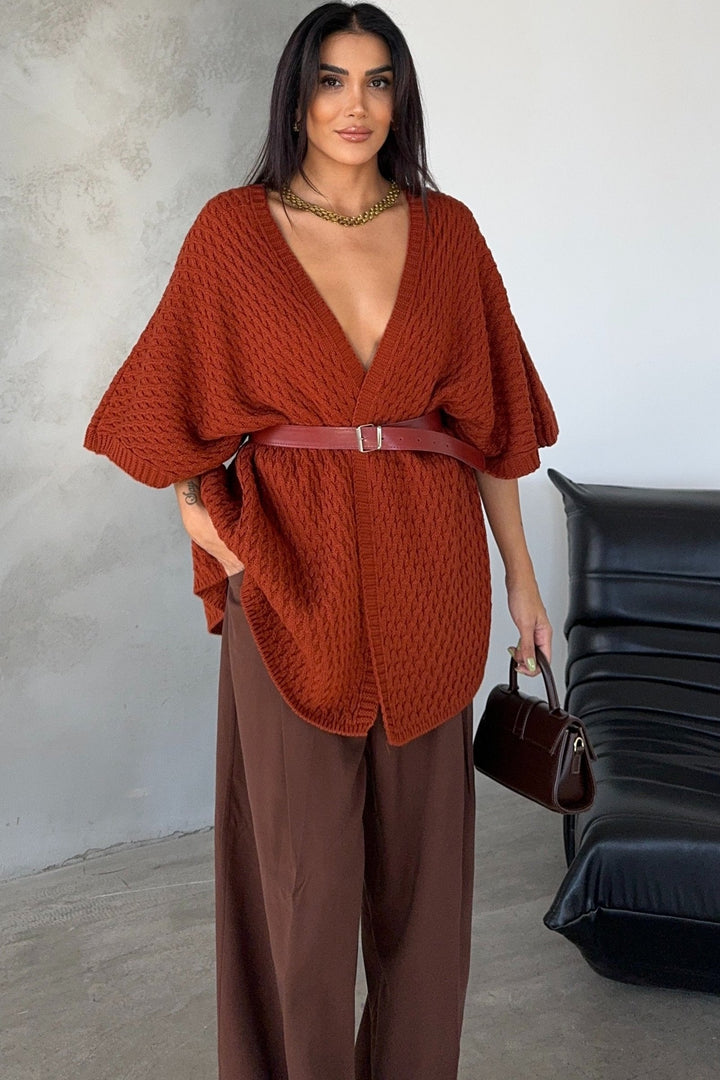 Short Sleeve Wrap Cardigan in Rust Red