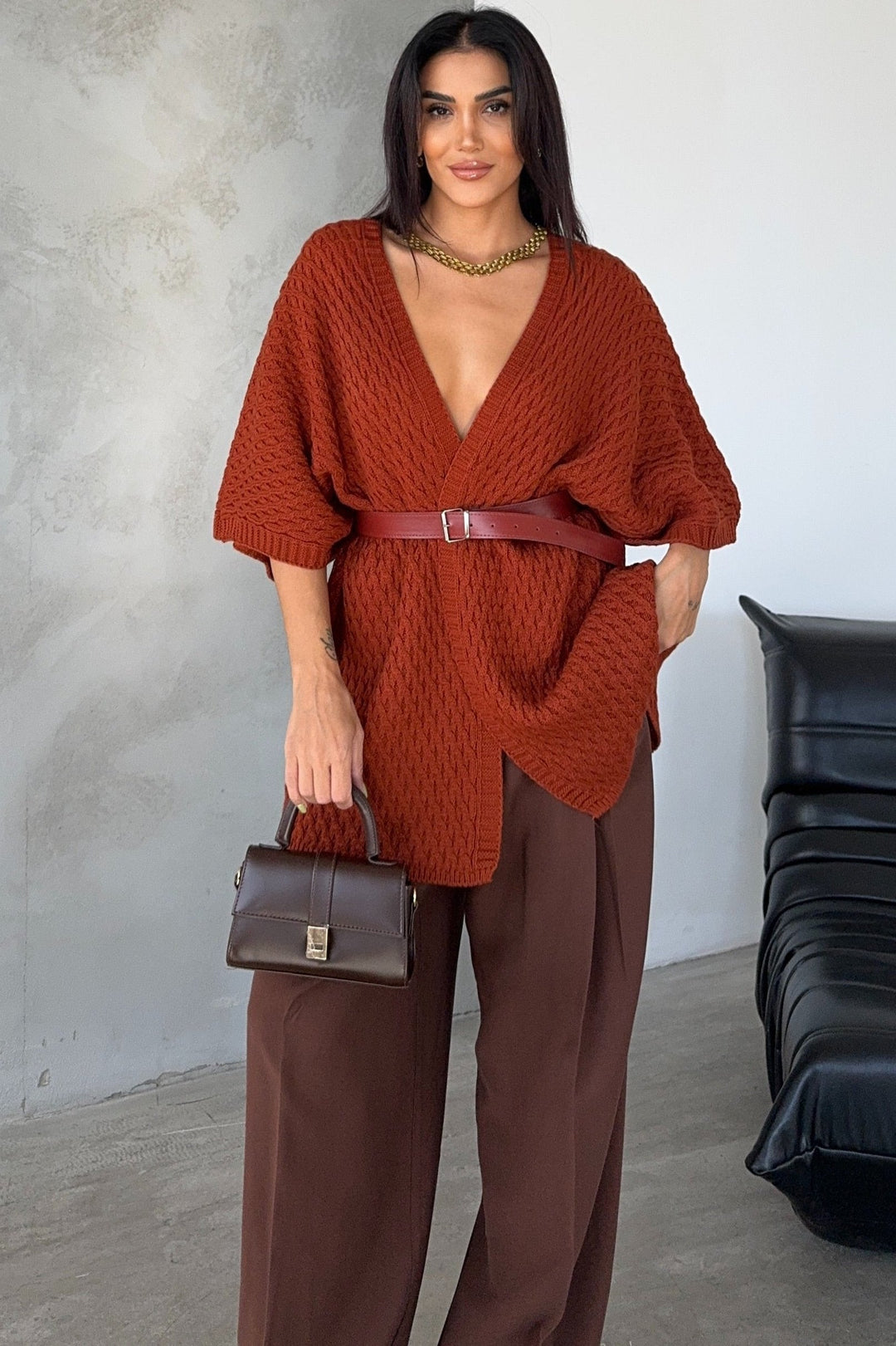 Short Sleeve Wrap Cardigan in Rust Red