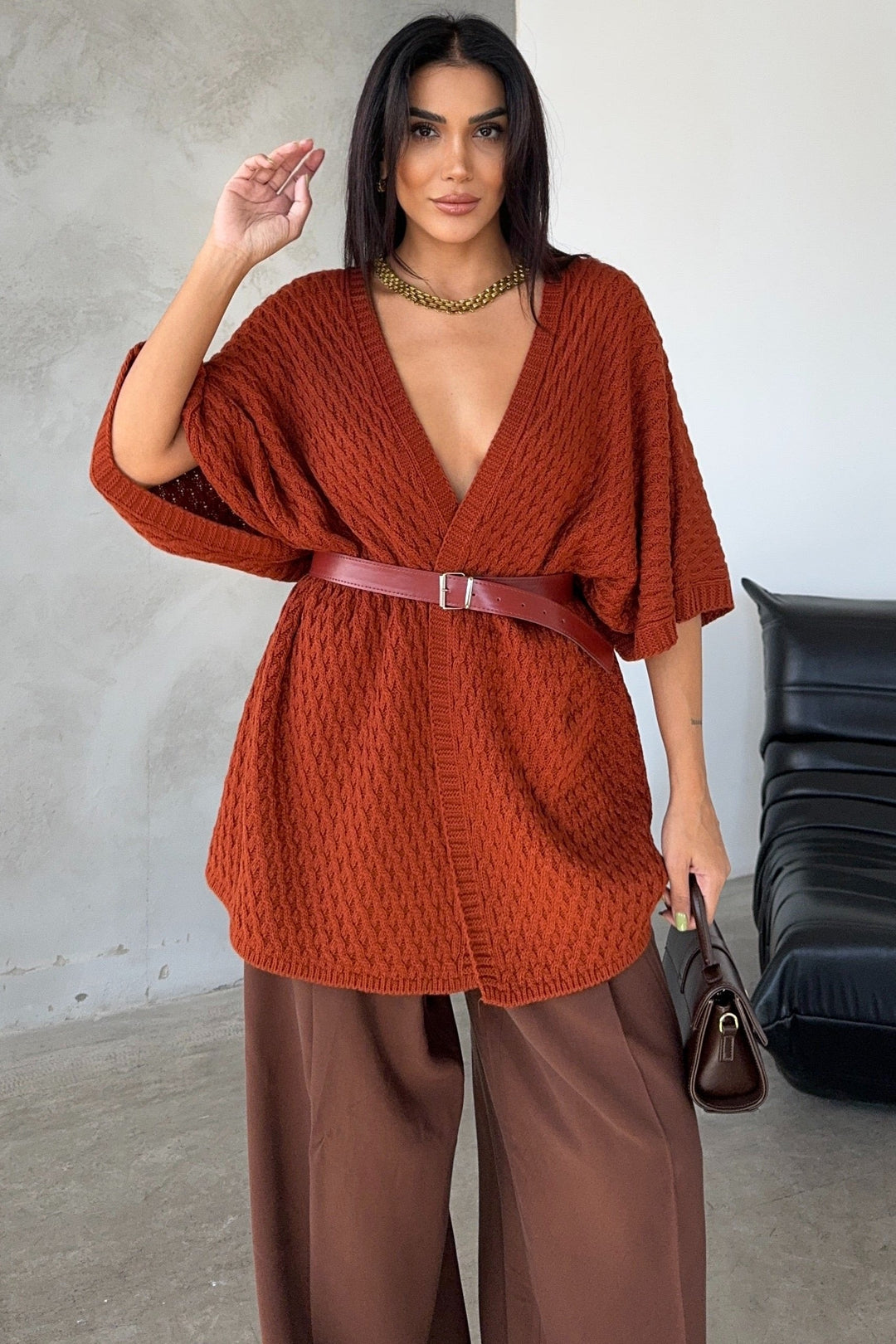 Short Sleeve Wrap Cardigan in Rust Red