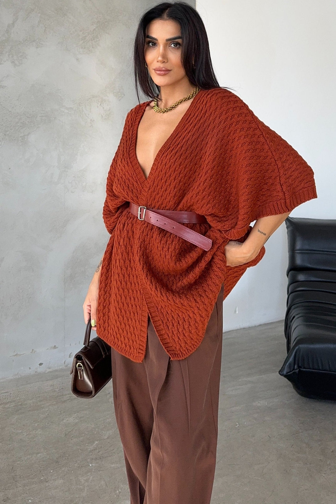 Short Sleeve Wrap Cardigan in Rust Red