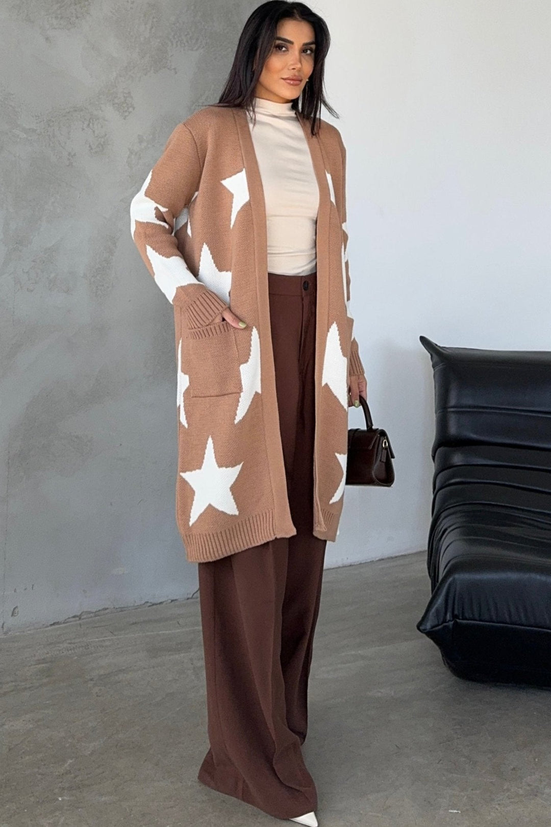 Longline Midi Star Cardigan in Camel