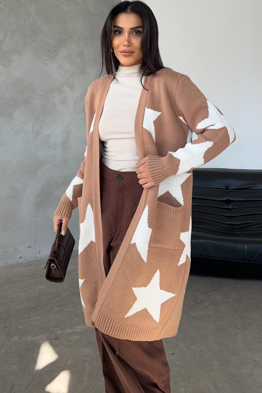 Longline Midi Star Cardigan in Camel