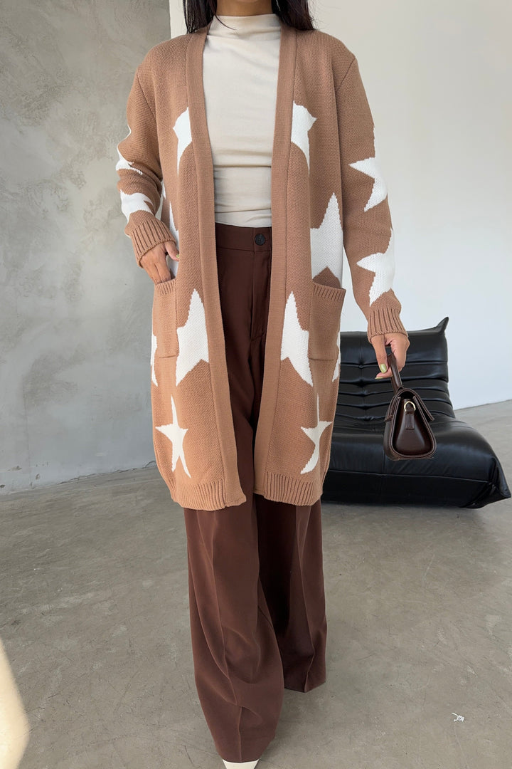 Longline Midi Star Cardigan in Camel