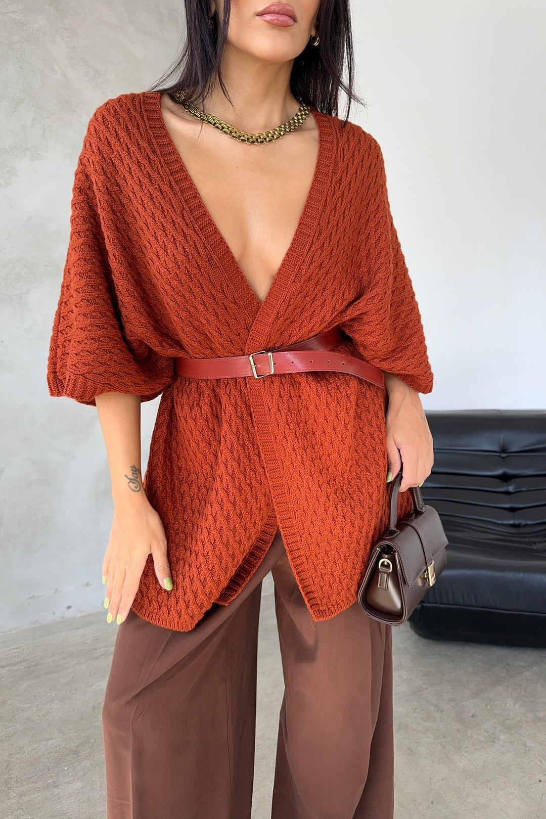 Short Sleeve Wrap Cardigan in Rust Red