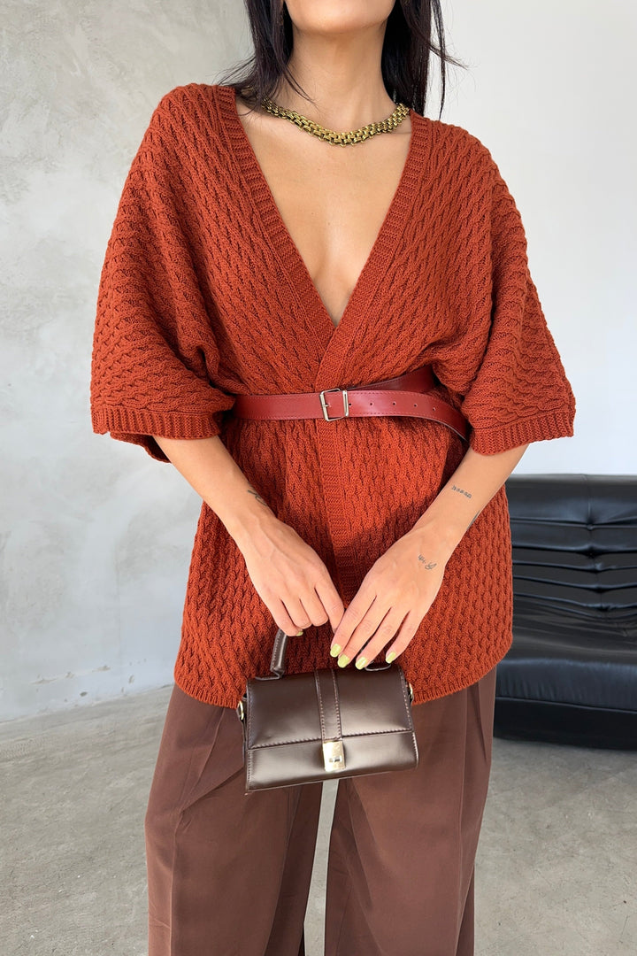 Short Sleeve Wrap Cardigan in Rust Red