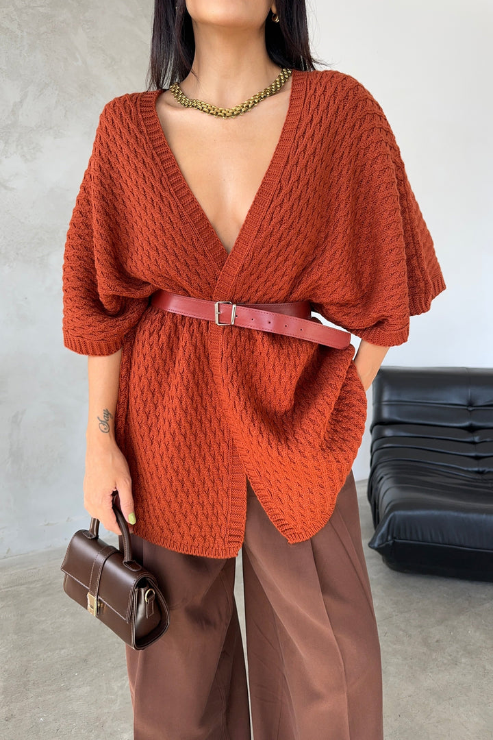 Short Sleeve Wrap Cardigan in Rust Red