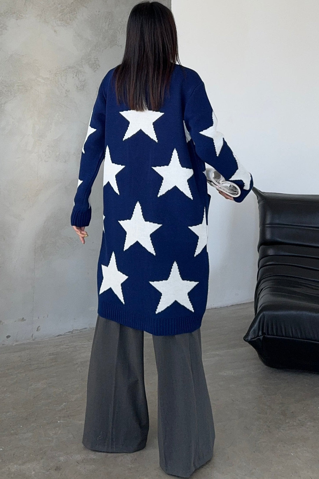 Longline Midi Star Cardigan in Navy