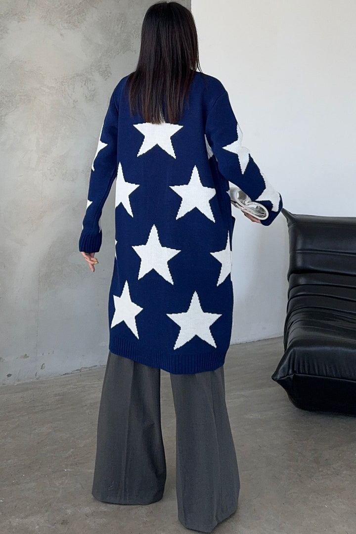 Longline Midi Star Cardigan in Navy