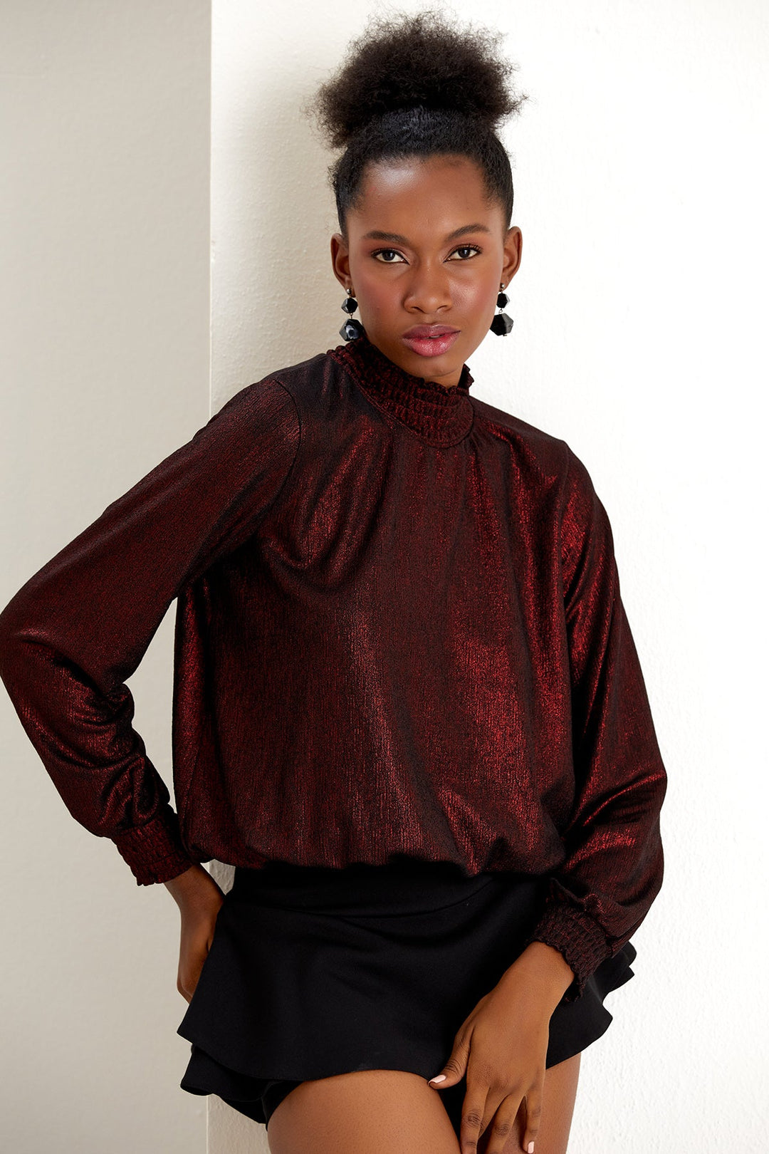 High Neck Long Sleeve Oversize Shiny Red Top - jqwholesale.com