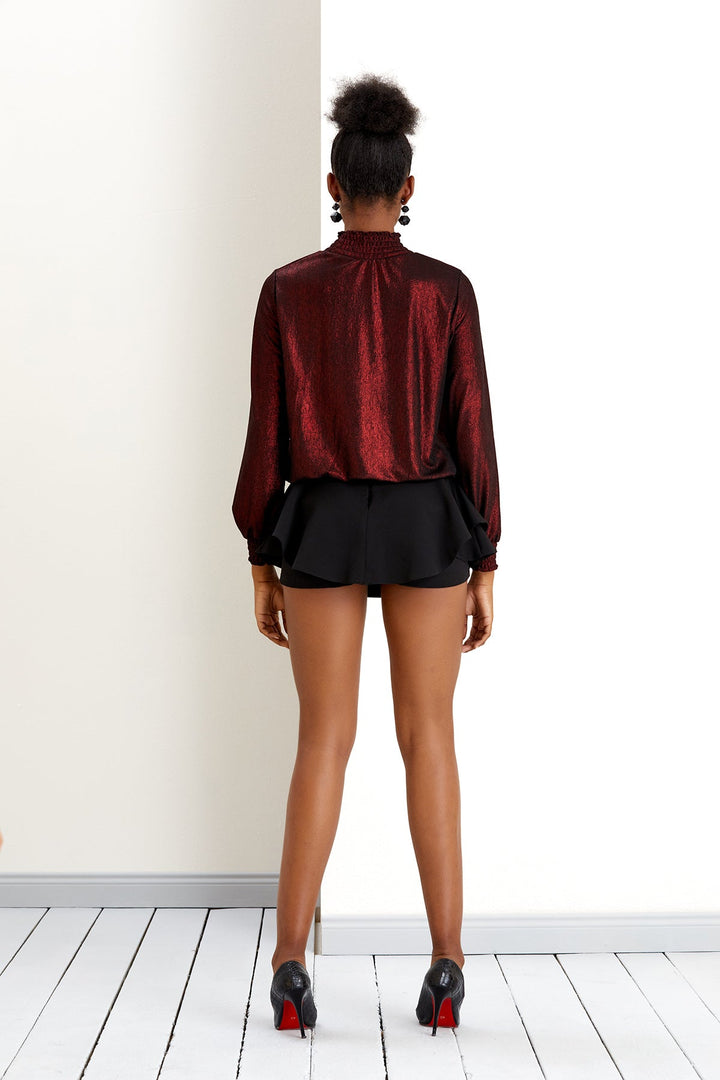 High Neck Long Sleeve Oversize Shiny Red Top - jqwholesale.com