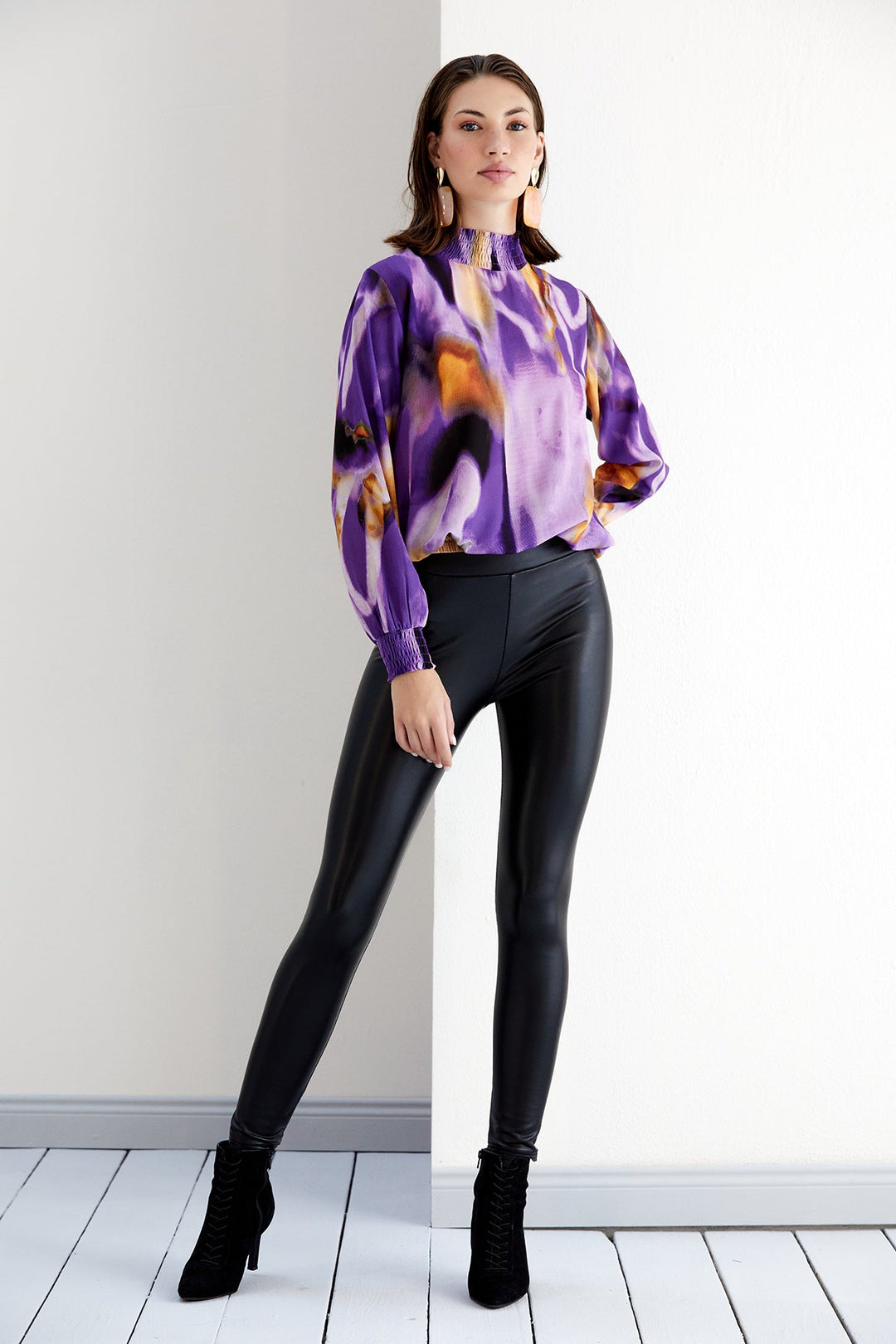 High Neck Long Sleeve Oversize Top in Purple Abstract print