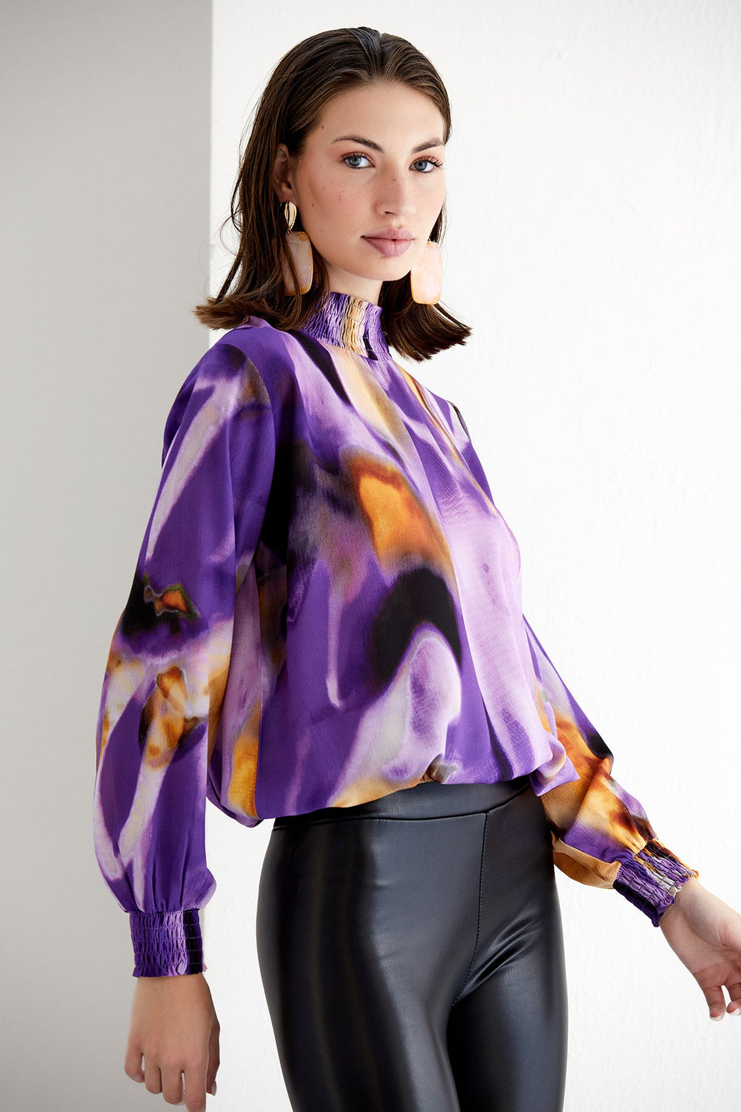 High Neck Long Sleeve Oversize Top in Purple Abstract print