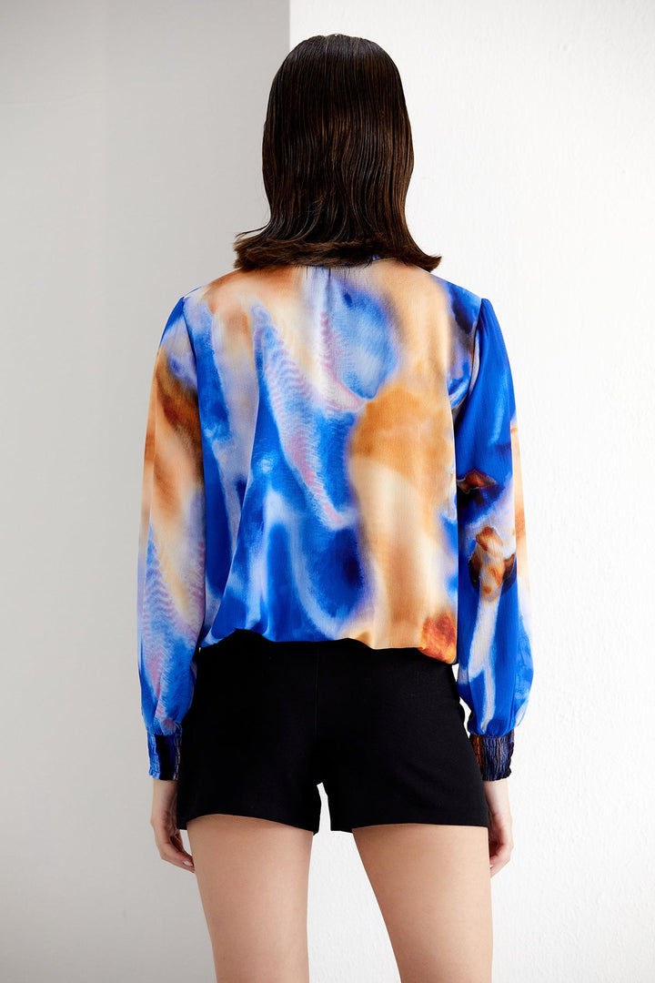 High Neck Long Sleeve Oversize Top in Blue Abstract print